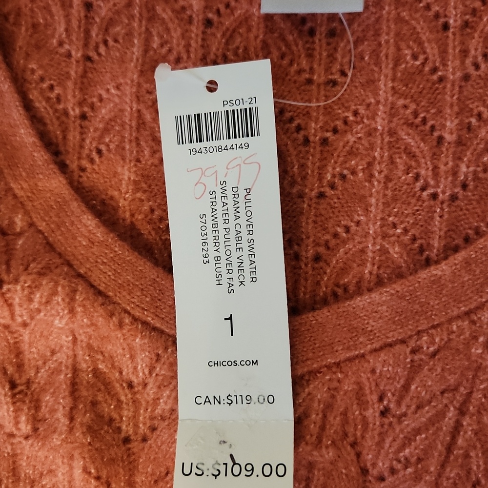 Chico's Drama V Neck LS Pullover Strawberry Blush Knit Sweater NWT Size Medium - Picture 4 of 8